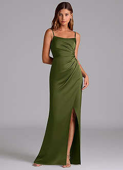 Azazie Calandra Brautjungfernkleider Etui Plissee Stretch-Satin Kleid Helles Olivgrün image1