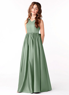 Azazie Hathaway Junior Vestido de Matcha de Satén Elástico de Corte En A con Lazo image3