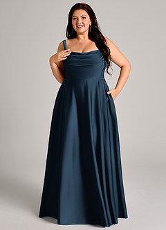 Azazie Shaude Bridesmaid Dresses Dark Navy A-Line Pleated Stretch Satin Dress image12