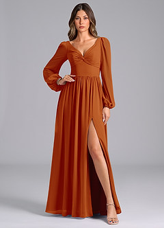 Azazie Zeya Robes de demoiselle d'honneur Robe Trapèze en Mousseline de soie Manche longue Paprika image1