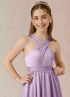 Azazie Jiya Junior Jurk van Stretch Satijn met A-Lijn Geplooid Frosted Lila image4