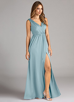Azazie Tanicia Bridesmaid Dresses Moody Blue A-Line Pleated Stretch Satin Dress image4
