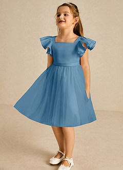 Azazie Kaeya Flower Girl Dresses Steel Blue A-Line Bow Tulle Dress image4