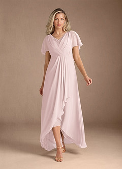 Azazie Eliza Mère de la mariée Robes Robe Trapèze en Mousseline de soie Col V plissé Rose Pâle image1