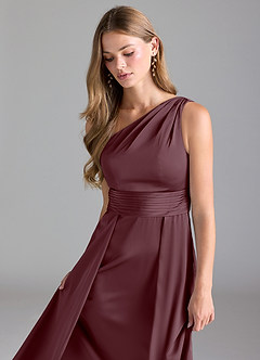 Azazie Dallas Bridesmaid Dresses Sangria A-Line One Shoulder Stretch Satin Dress image5