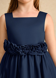 Azazie Peaches Flower Girl Dresses Dark Navy A-Line Bow Matte Satin Dress image5