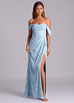 Azazie Johana 신부 들러리 드레스 인어 오프 더 숄더 플로럴 번아웃 바닥 길이 드레스 image3