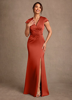 Azazie Rilda 신부의 어머니 드레스 쉬스 레이스 스트레치 새틴 플로어 길이 드레스 image4