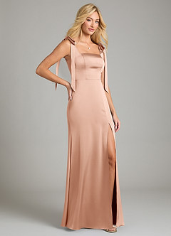 Azazie Frostine Vestidos de damas de honor Vestido de Oro Rosa de Satén Elástico de Corte en A con Lazo image5