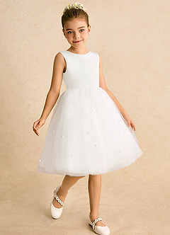 Azazie Esme Flower Girl Dresses Ivory Ball-Gown Bow Tulle Dress image3