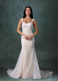 Azazie Veronica At-home Try On Dresses Diamond White Champagne Mermaid Tulle Dress image1