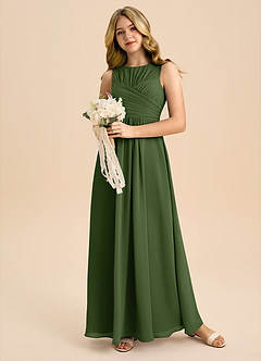 Azazie Skyla Junior Robe Trapèze en Mousseline de soie Plissée Olive image5