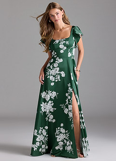 Azazie Bondi Bridesmaid Dresses Green Botanicals A-Line Bow Stretch Satin Dress image2