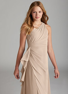 Azazie Maive Junior Taupe A-Line Pleated Chiffon Dress image1