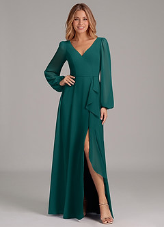 Azazie Simone Bridesmaid Dresses Peacock A-Line Long Sleeve Chiffon Dress image1
