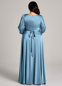 Azazie Leonia Abiti da Damigella Abito A-Line in Raso Elasticizzato Manica Lunga Blu Acciaio image13