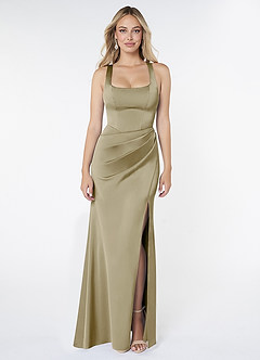 Azazie Mero Robes de demoiselle d'honneur Robe Fourreau en Satin extensible Plissée Vert Mousse image1