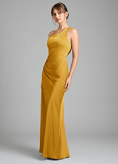 Azazie Madelyn Bridesmaid Dresses Butterscotch Mermaid One Shoulder Stretch Satin Convertible Dress image6