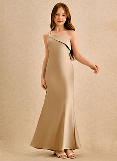 Azazie Almond Girls Formal Flower Girl Dresses Gold Sheath One Shoulder Stretch Satin Dress image6