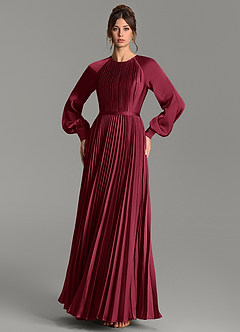 Azazie Grayson Kleider zum Anprobieren zu Hause A-Linie Langarm Stretch-Satin Kleid Burgunderrot image3