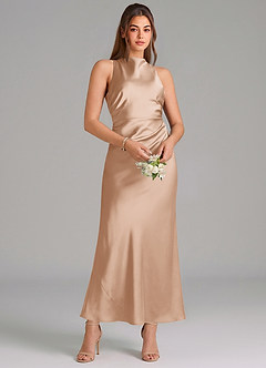 Azazie Evadne Bridesmaid Dresses English Rose Sheath Pleated Stretch Satin Dress image3