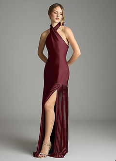 Azazie Nayeli Jurken voor bruidsmeisjes Jurk van Stretch Satijn met A-Lijn Geplooid Cabernet image4