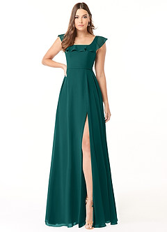 Azazie Jinny Bridesmaid Dresses Peacock A-Line Square Neckline Ruched Chiffon Dress image1
