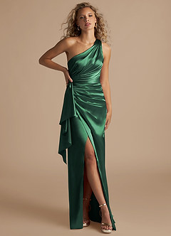 Azazie Maive Bridesmaid Dresses Dark Green Sheath Ruched Metallic Satin Dress image1