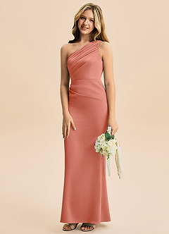 Azazie Akilah Junior Robe Fourreau en Satin extensible Plissée Rose Saumon image5