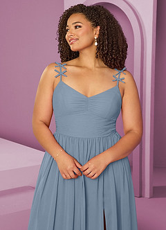 Barbie ♥ Azazie Jurken voor bruidsmeisjes Jurk van Chiffon met A-Lijn Geplooid Stoffig Blauw image6