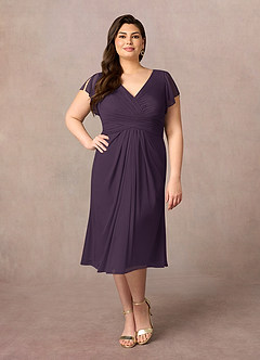 Azazie Vera Mother of the Bride Dresses Plum A-Line V-Neck Pleated Mesh Dress image6