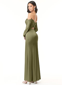 Azazie Hallie Vestidos de damas de honor Vestido de Pistacho de Satén Elástico de Corte Recto Convertible con Manga larga con hombros descubiertos image6