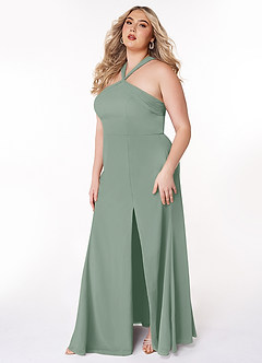 Azazie Rue Vestidos de damas de honor Vestido de Salvia Plateada de Gasa de Corte en A con Halter image9