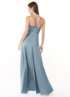 Azazie Harpie Final Sale Dusty Blue A-Line Ruched Stretch Satin Dress image2