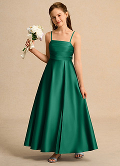 Azazie Pebbles Junior Formal Blumenmädchenkleider A-Linie Plissee Matte Satin Kleid Smaragd image2