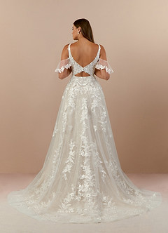 Azazie Ada At-home Try On Dresses Diamond White Nude A-Line V-Neck lace Tulle Dress image2