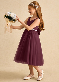 Azazie Firefly Flower Girl Dresses Cabernet A-Line Bow Matte Satin Dress image1