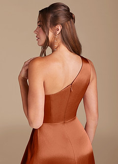 Azazie Brooke At-home Try On Dresses Auburn A-Line One Shoulder Metallic Satin Dress image6