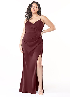 Azazie Maci Bridesmaid Dresses Sangria A-Line V-Neck Pleated Stretch Satin Dress image6