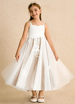 Azazie Coraline Jurken voor bloemenmeisjes A-Lijn Jurk van Kant Ivoor Wit Albast image3