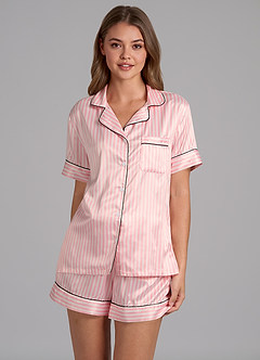 front Satin Striped Piping Short Sleeve Pajama Set