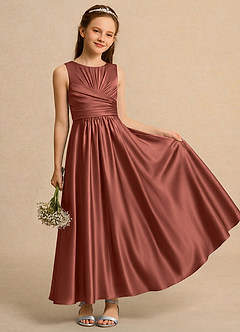 Azazie Ducky Girls Formal Flower Girl Dresses Auburn A-Line Pleated Stretch Satin Dress image1