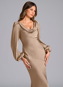 Azazie Rylina Bridesmaid Dresses Taupe Mermaid Long Sleeve Stretch Satin Dress image6