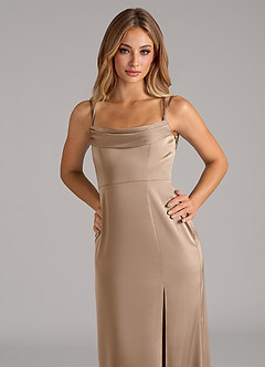 Azazie Callan Bridesmaid Dresses Taupe A-Line Pleated Stretch Satin Convertible Dress image7