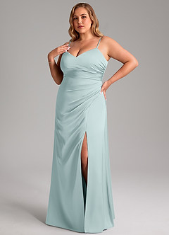 Azazie Azuree Bridesmaid Dresses Mist A-Line Pleated Stretch Satin Dress image9