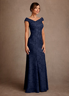 Azazie Aberdeen Mother of the Bride Dresses Dark Navy Sheath Pleated Floral Burnout Dress image3
