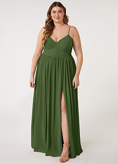 Azazie Zeya Bridesmaid Dresses Olive A-Line V-Neck Pleated Chiffon Dress image6