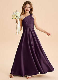 Azazie Charlize Junior Plum A-Line Pleated Stretch Satin Dress image1