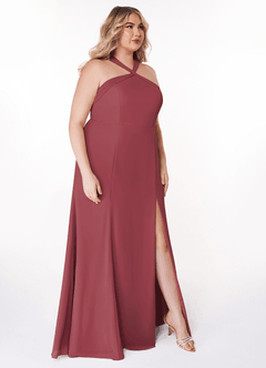 Azazie Rue Vestidos de damas de honor Vestido de Merlot de Gasa de Corte en A con Halter image10