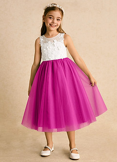 Azazie Lina Flower Girl Dresses Ivory Fuchsia Ball-Gown Lace Dress image2